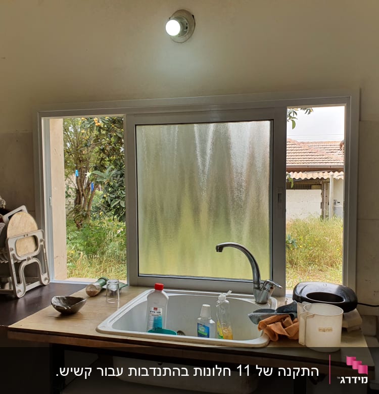 חלון אלומיניום במטבח עם כיור וברז